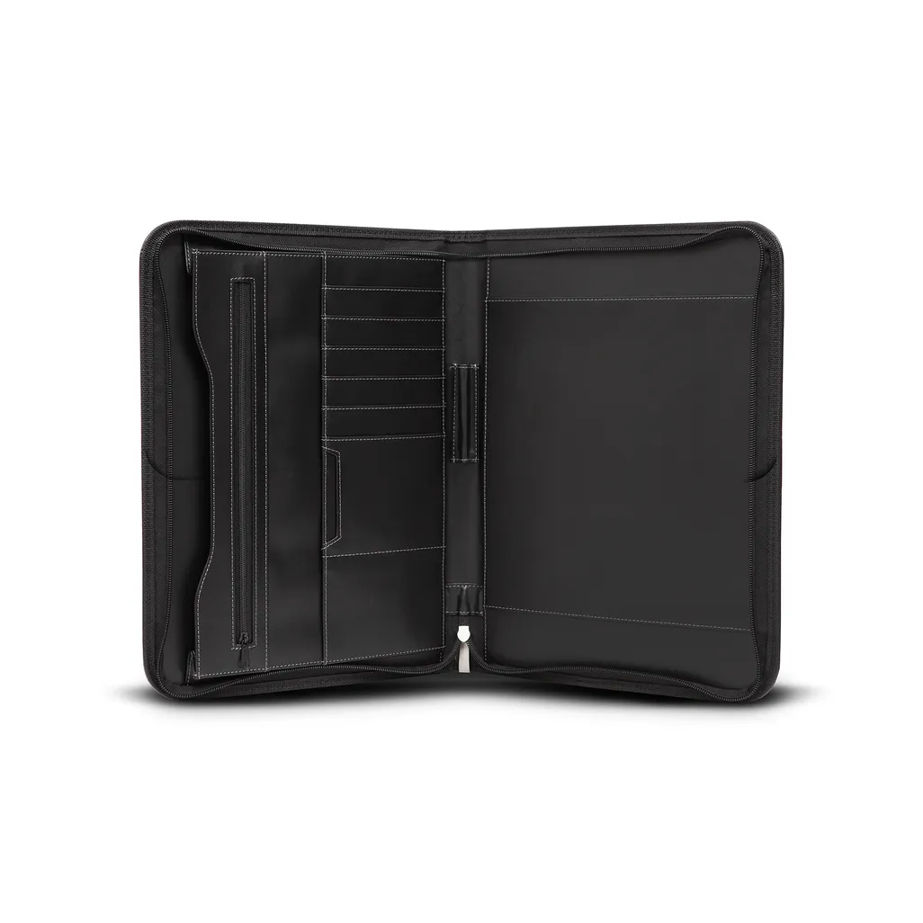 maestro executive folders - with zip & gusset pocket - black with tan stitch