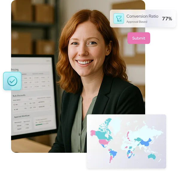 Smiling businesswoman at desk with laptop showing analytics dashboard.