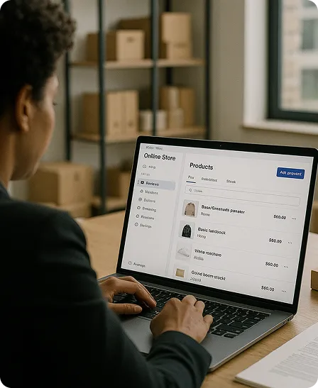 Business owner using OrderEazi solution on laptop. Screen displays user-friendly online store interface with product listings, prices, and categories