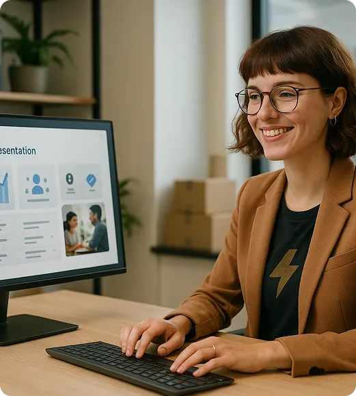 Smiling professional woman using OrderEazi's presentation tools. Screen displays user-friendly interface with icons and images, showcasing OrderEazi's ability to create engaging B2B presentations and streamline client communication.