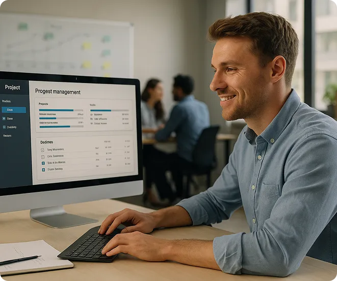 Confident professional using OrderEazi's intuitive project management interface. Screen displays progress tracking and deadlines, illustrating OrderEazi's power to streamline complex B2B workflows and boost productivity.