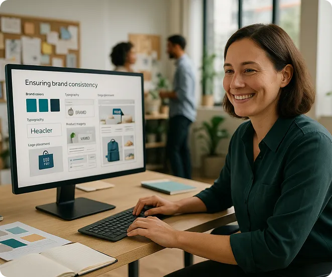 Smiling franchise manager using OrderEazi's brand consistency dashboard. Screen displays colour palette, typography, and product imagery guidelines, demonstrating OrderEazi's power to maintain uniform branding across multiple franchise locations.
