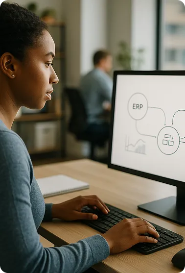 IT manager examining OrderEazi's system integration diagram, showcasing seamless connectivity between ERP and other business systems.