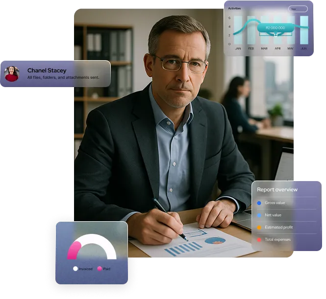 CFO analysing OrderEazi's comprehensive financial dashboard. Overlays display activity trends, report overviews, and payment status, demonstrating OrderEazi's power to provide real-time financial insights and streamline operations for strategic decisions.