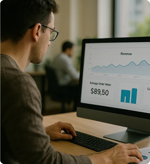 Financial manager reviewing OrderEazi's revenue dashboard, displaying a growth trend chart and average order value.