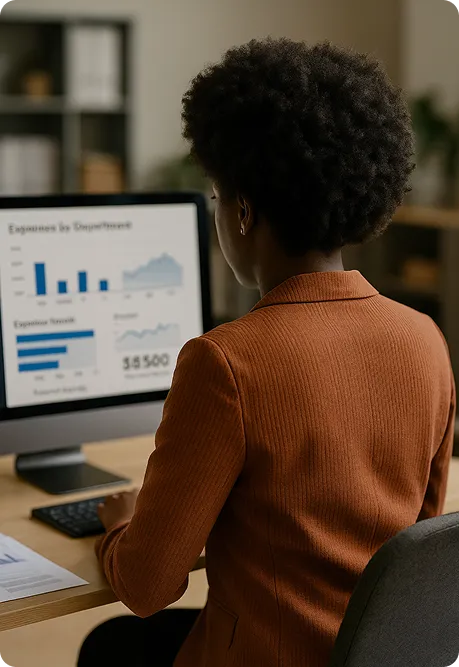 Operations manager examining OrderEazi's financial dashboard, displaying expense comparisons and revenue trends.