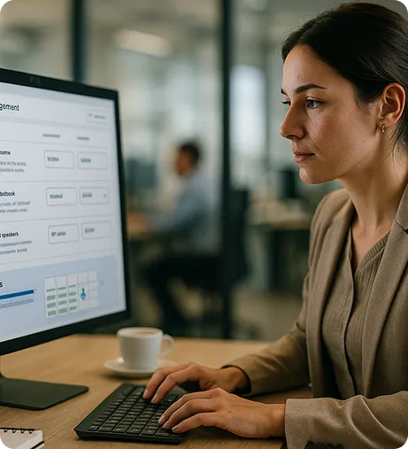 Sales manager reviewing OrderEazi's intuitive sales dashboard, displaying detailed customer segments and performance metrics.