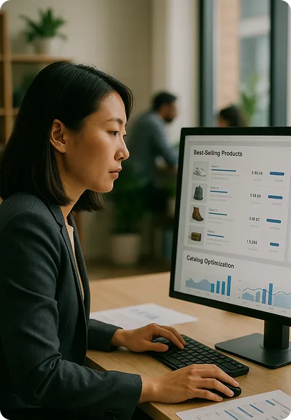 Brand manager analysing OrderEazi's product performance dashboard, displaying best-selling items and catalog optimisation trends.