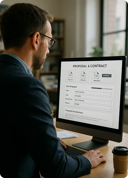 Account manager efficiently creating a proposal using OrderEazi's automated document generation feature.