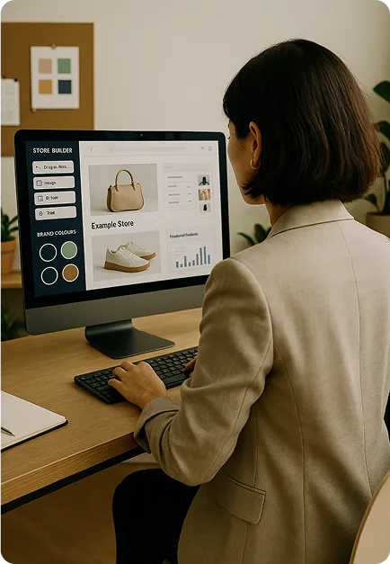 "Woman using OrderEazi's store builder on desktop computer. Screen displays product images, colour options, and sales analytics, showcasing the platform's user-friendly interface for effortless online shop creation.