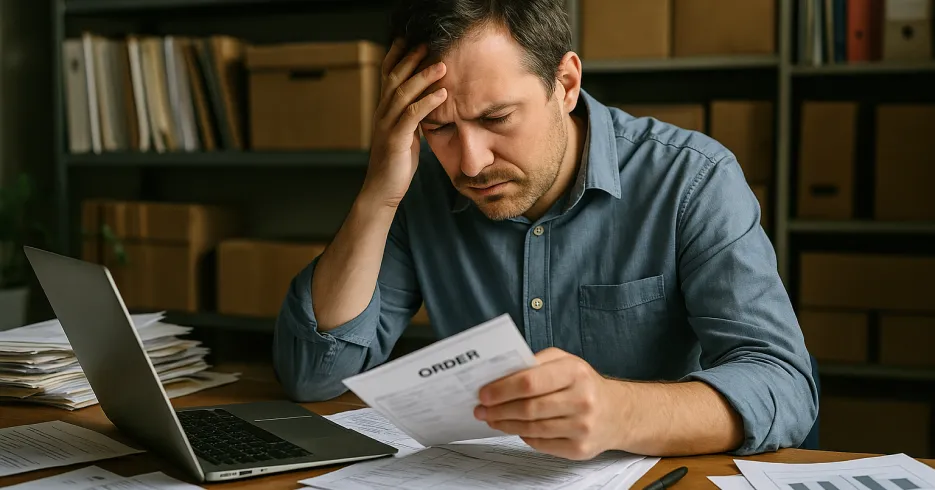 Stressed businessman overwhelmed by paperwork and manual order processing, illustrating the need for OrderEazi's streamlined digital solutions.