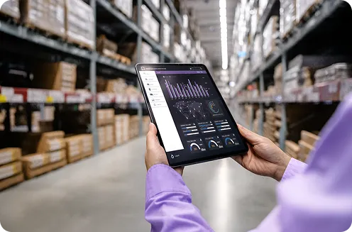 A person in a purple jumper holds a tablet displaying colourful business analytics charts in a vast warehouse.