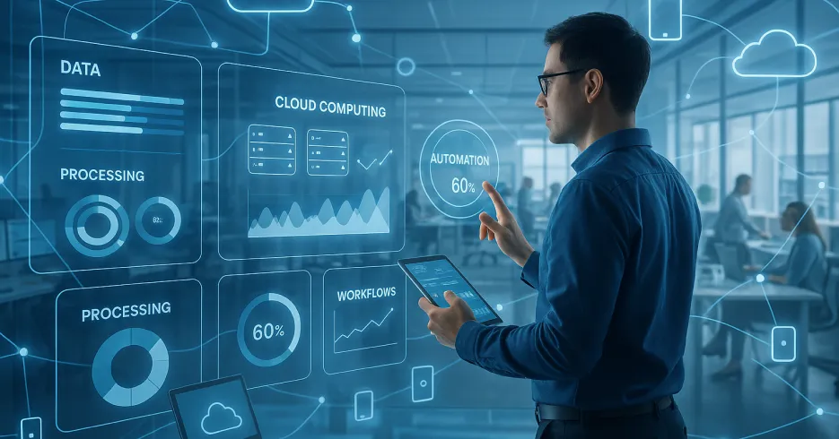 Businessman interacting with holographic display showing cloud computing, data processing, and workflow analytics, demonstrating real-time business intelligence and automation capabilities.