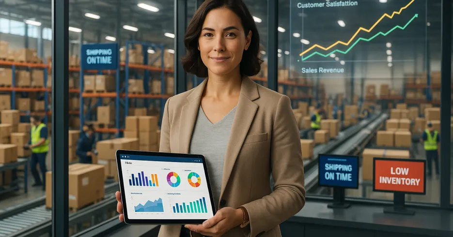 Confident businesswoman holding tablet with analytics dashboard, standing in front of warehouse with performance metrics displayed, demonstrating real-time inventory and sales insights.