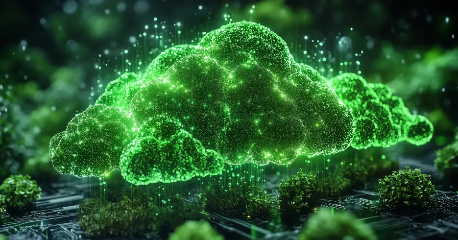 Digital green cloud formation over a circuit board landscape, symbolising eco-friendly cloud computing and sustainable technology solutions for modern businesses.