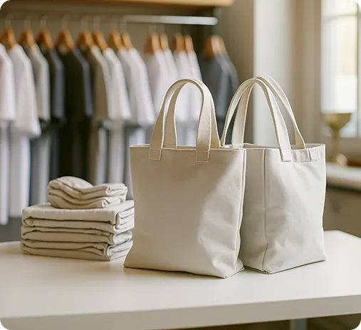 White tote bags on a table in a closet.
