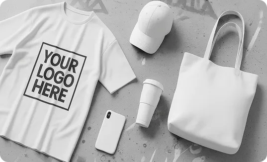 White T-Shirt, Bag, Cellphone on a grey backdrop.