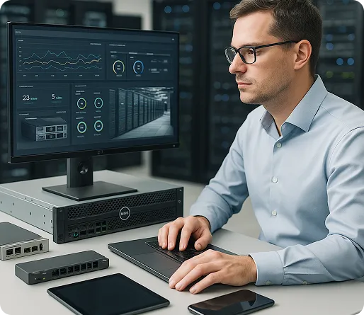 A focused IT professional monitors server performance data in a data centre.