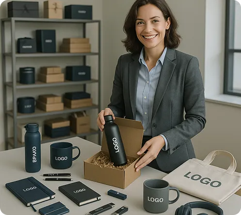 A smiling businesswoman in a grey suit stands behind a table displaying various branded merchandise items.