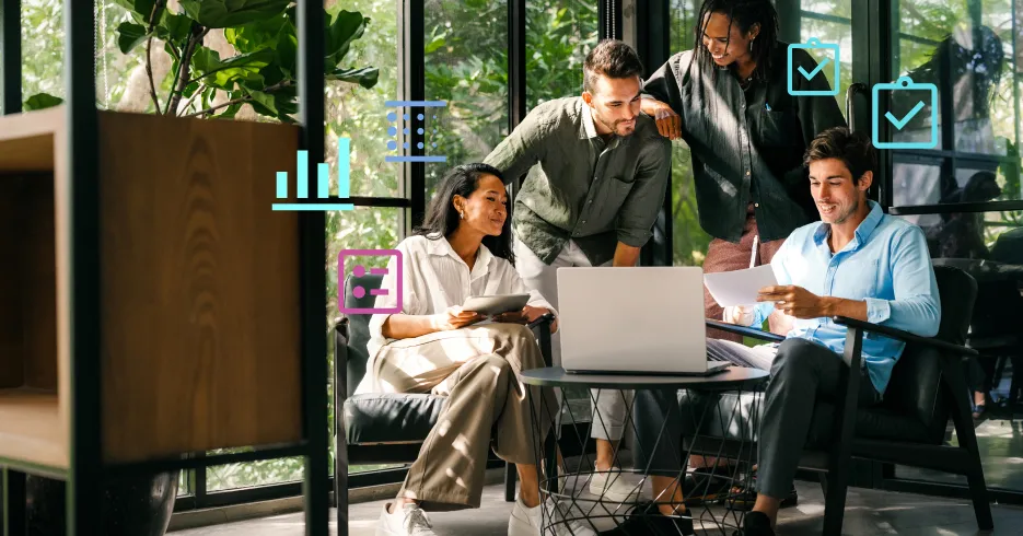 Diverse team collaborating in a bright, plant-filled office space with laptop and papers, surrounded by floating digital icons representing productivity and task management.