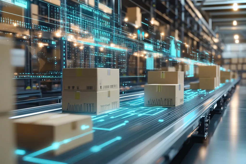 Cardboard boxes move along an automated conveyor belt in a modern warehouse, illuminated by futuristic blue digital overlays.
