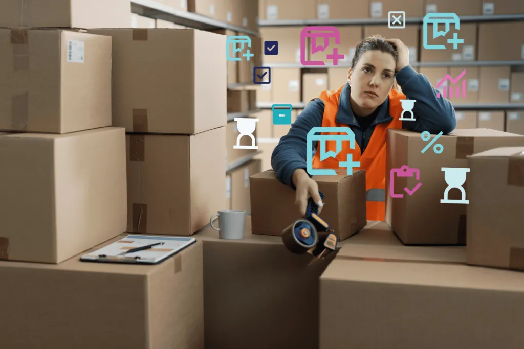 Frustrated warehouse worker surrounded by boxes and digital icons, illustrating how OrderEazi transforms chaotic inventory management into a streamlined, efficient process.