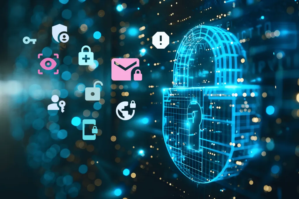 Digital padlock surrounded by security icons, representing robust data protection and encryption in a connected business environment.
