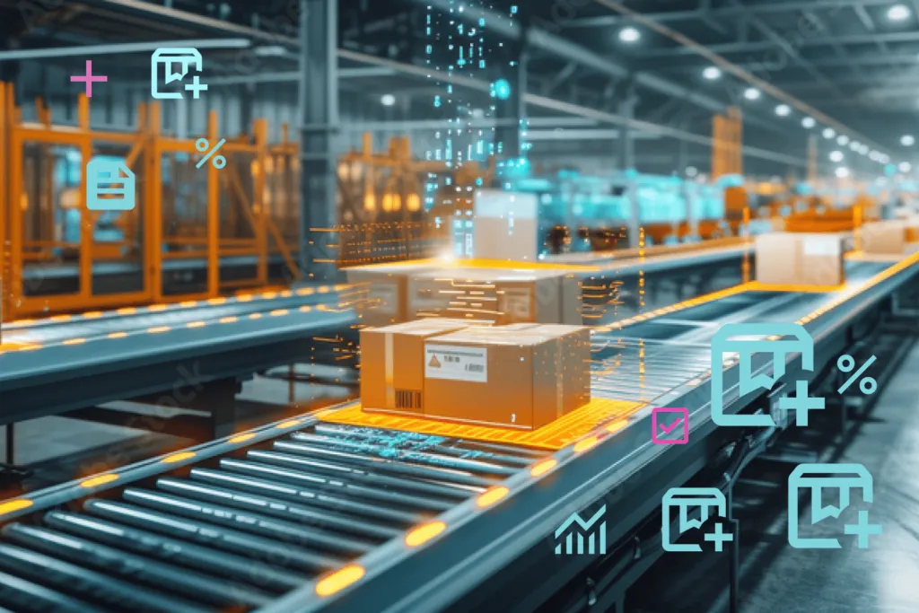 A futuristic warehouse scene with a cardboard box on an illuminated conveyor belt.
