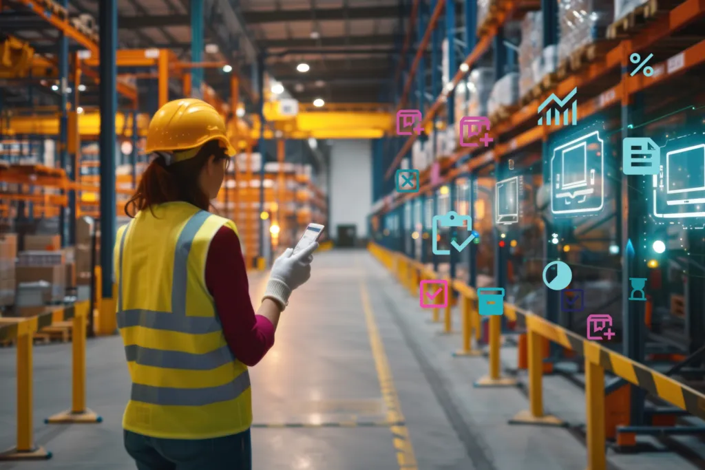 Warehouse worker using smartphone, surrounded by digital icons representing inventory management and analytics tools in a modern distribution centre.