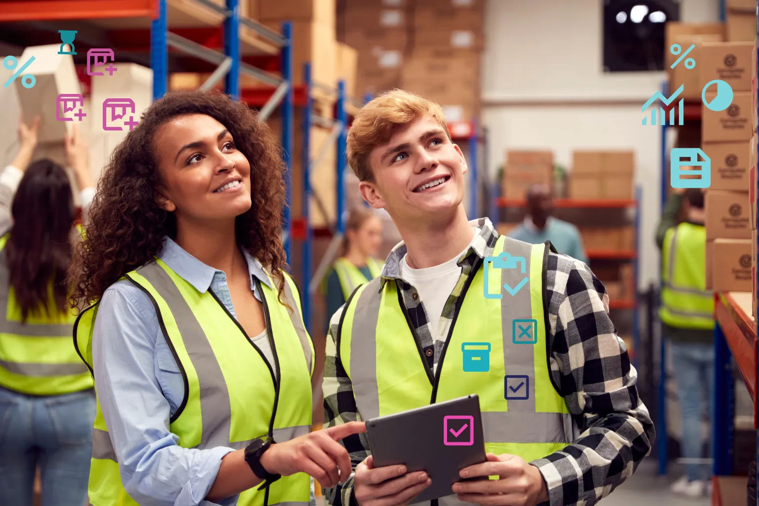 Smiling warehouse workers using a tablet, surrounded by digital icons representing inventory management and analytics, demonstrating OrderEazi's user-friendly approach to streamlining operations.