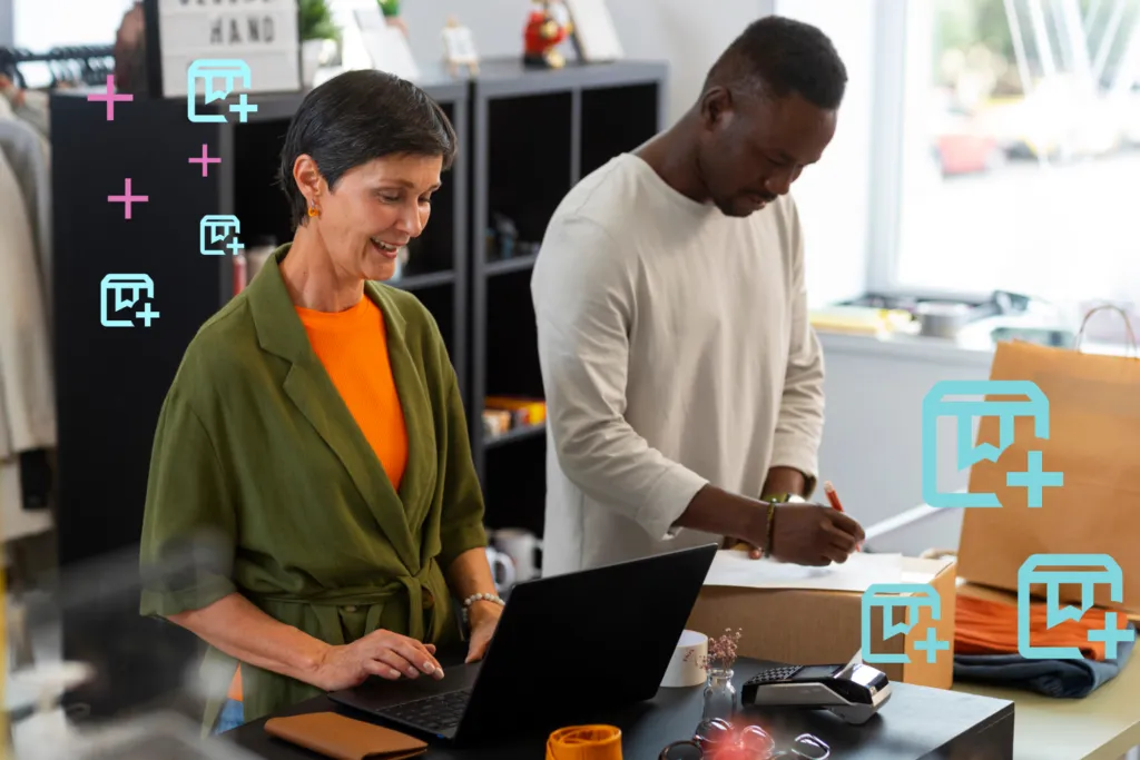 Diverse team members efficiently managing orders in a retail setting, surrounded by digital icons representing OrderEazi's streamlined inventory management system.