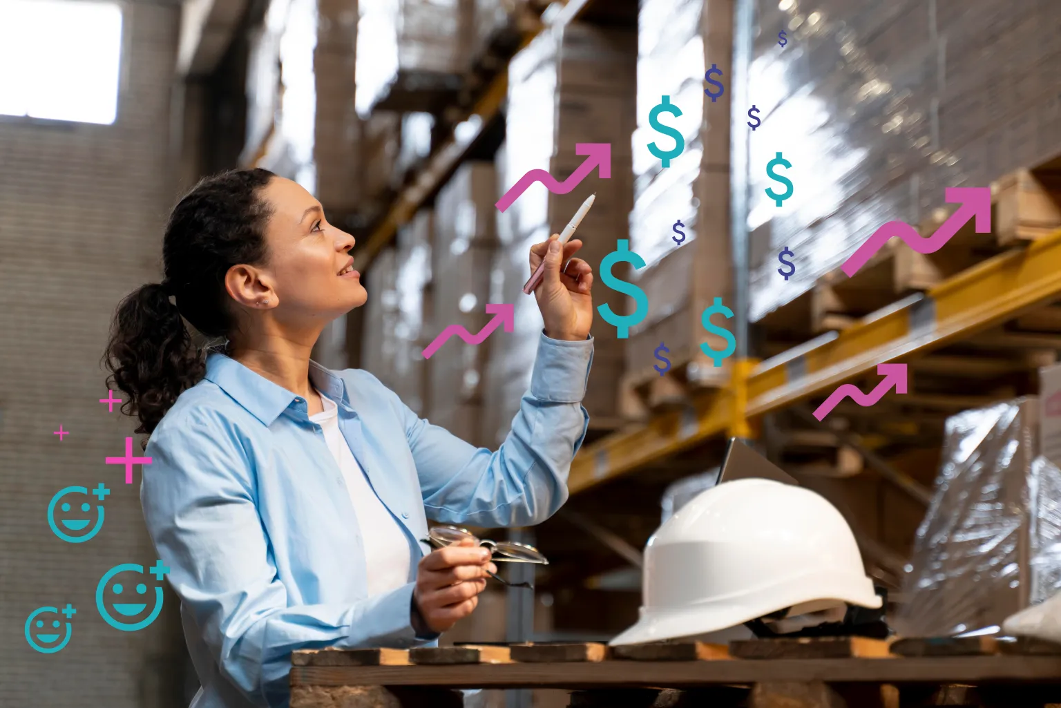 Smiling warehouse manager gesturing towards digital dollar signs and upward arrows.