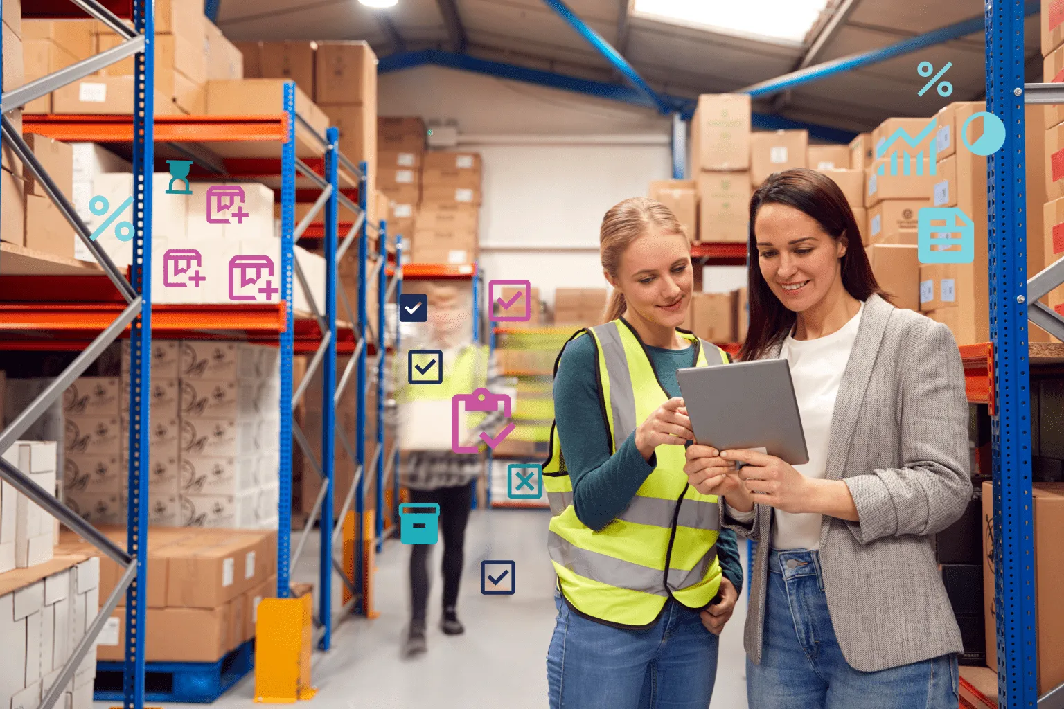 Two women collaborating in a warehouse, using a tablet surrounded by digital icons representing inventory tasks and analytics, demonstrating OrderEazi's streamlined approach to stock management.