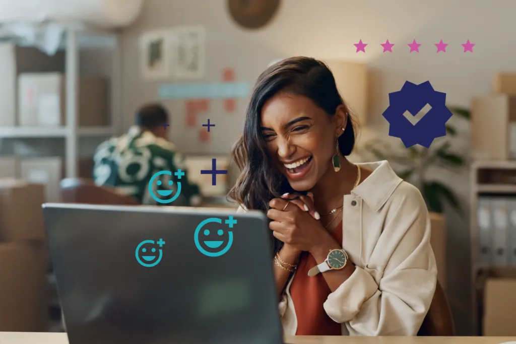 Joyful businesswoman laughing while using laptop, surrounded by digital smiley faces and five-star rating, illustrating OrderEazi's ability to boost customer satisfaction and streamline operations.