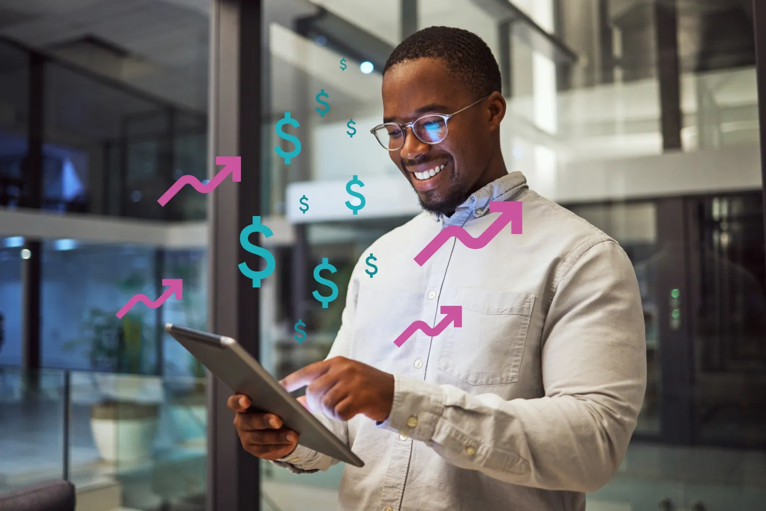 Smiling businessman using tablet, surrounded by digital dollar signs and upward arrows, representing increased profits and growth through OrderEazi's financial management tools.