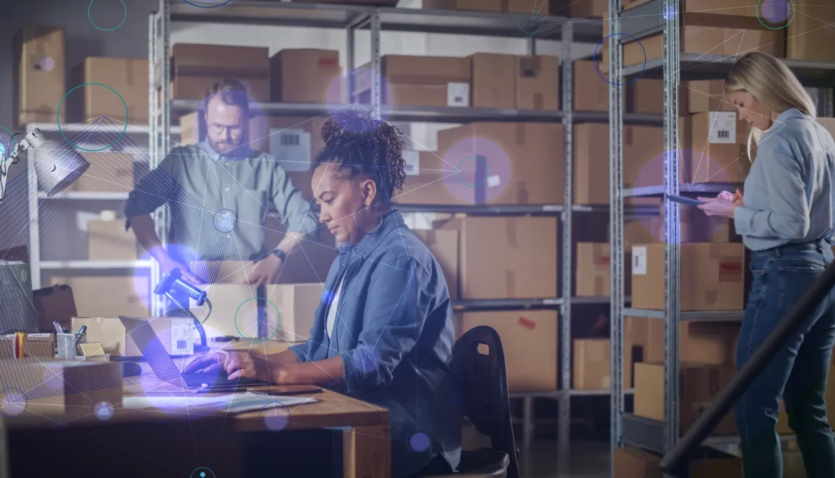 Diverse team working in a warehouse with digital overlay, demonstrating OrderEazi's seamless integration of technology and human expertise in inventory management.
