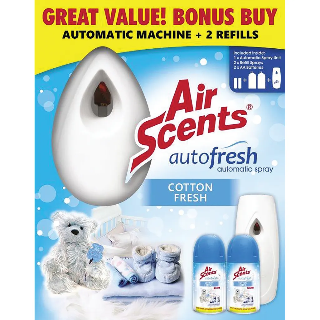 air fresheners - automatic spray unit & 2 x cotton fresh 250ml refills - 3 pack
