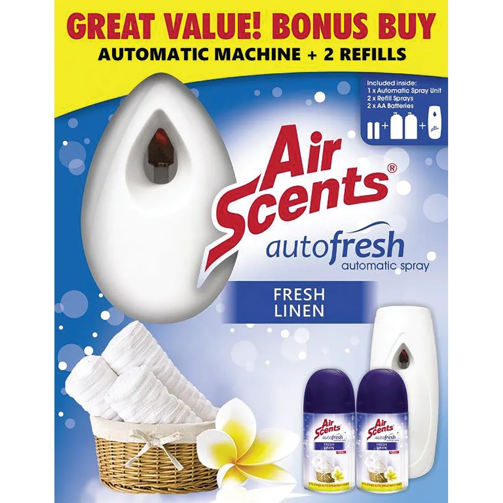 air fresheners - automatic spray unit & 2 x fresh linen 250ml refills - 3 pack