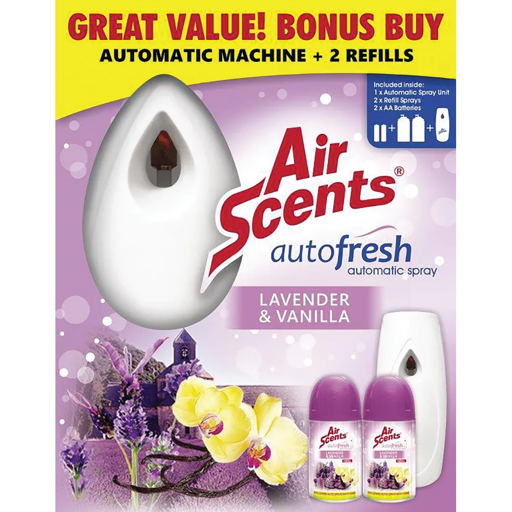 air fresheners - automatic spray unit & 2 x lavender & vanilla 250ml refills - 3 pack