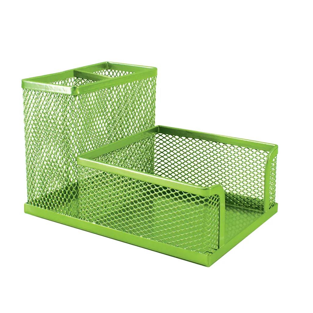mesh cube & double pen holder - 100mm x 150mm x 100mm - green