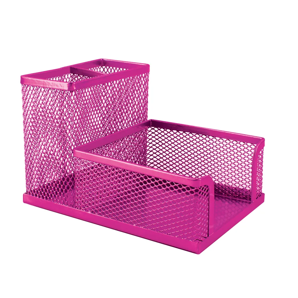 mesh cube & double pen holder - 100mm x 150mm x 100mm - pink