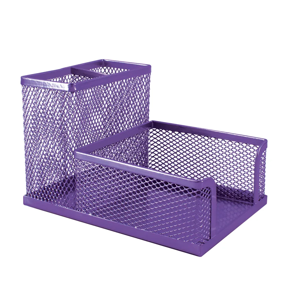 mesh cube & double pen holder - 100mm x 150mm x 100mm - purple