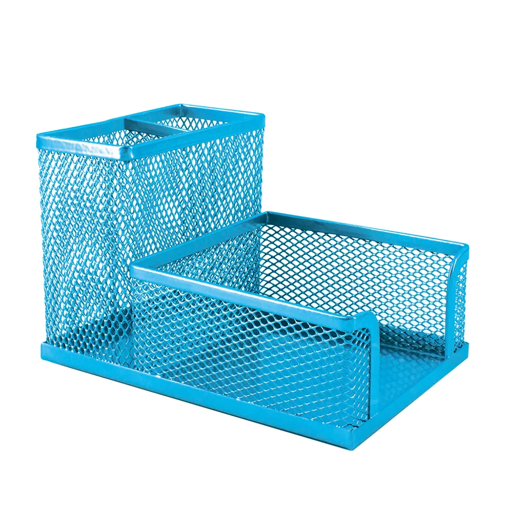 mesh cube & double pen holder - 100mm x 150mm x 100mm - sky blue
