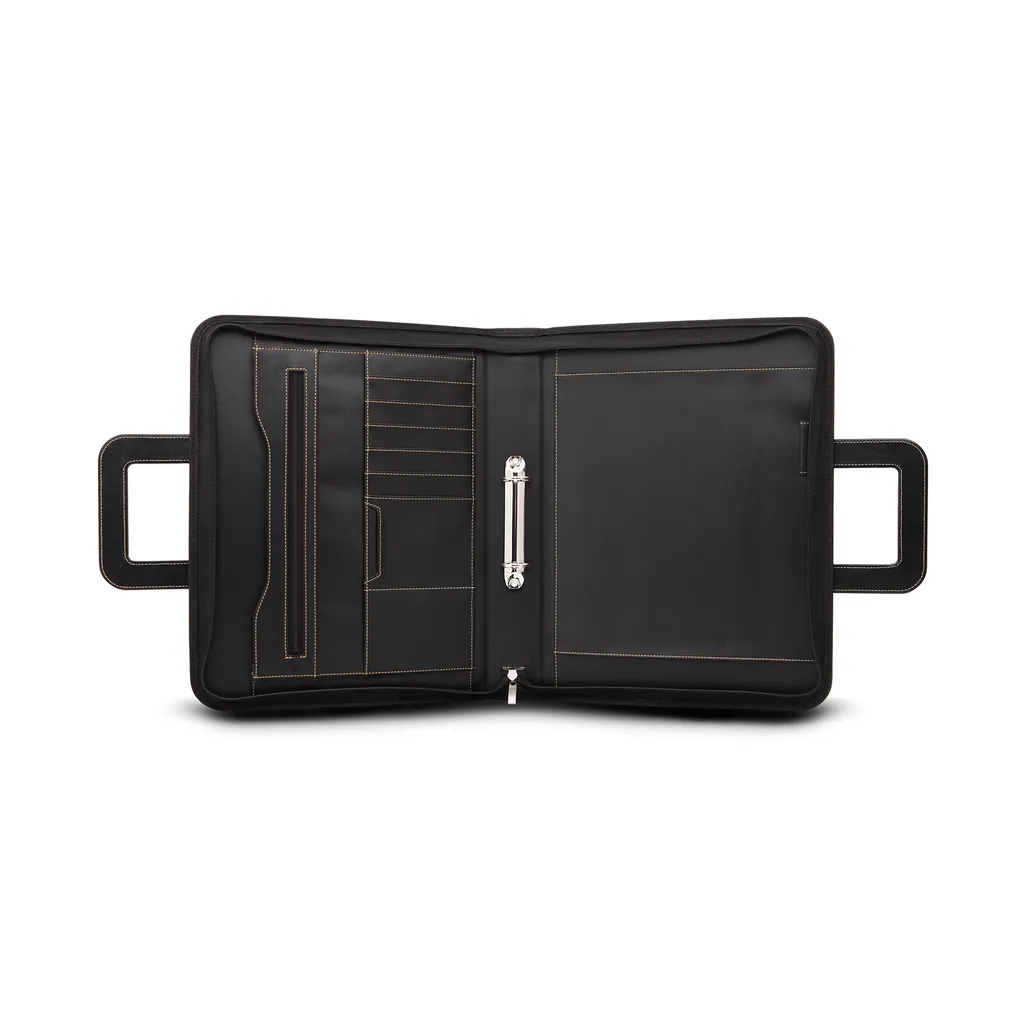 maestro executive folders - with zip & drop down handle - black with tan stitch