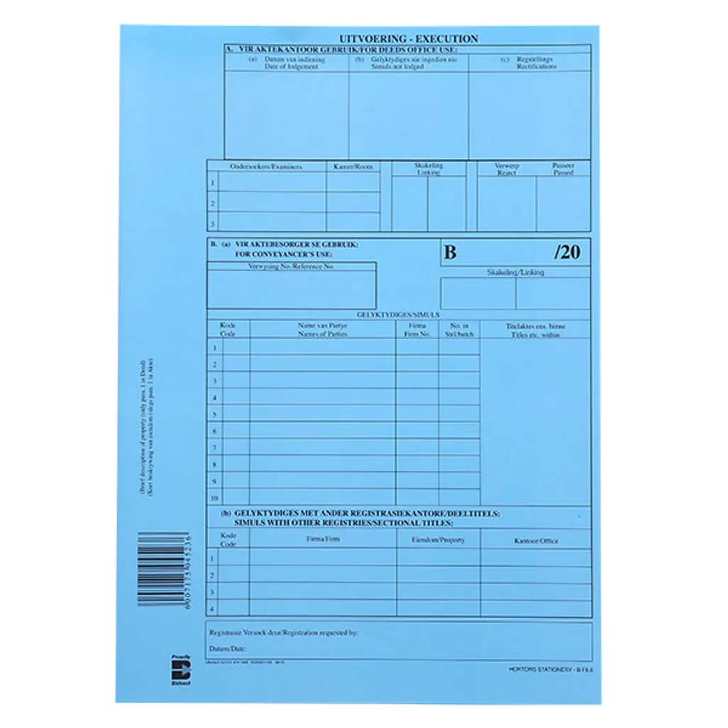 deed lodgement cover & high court forms - b file - execution cover for bonds - blue - 100 pack