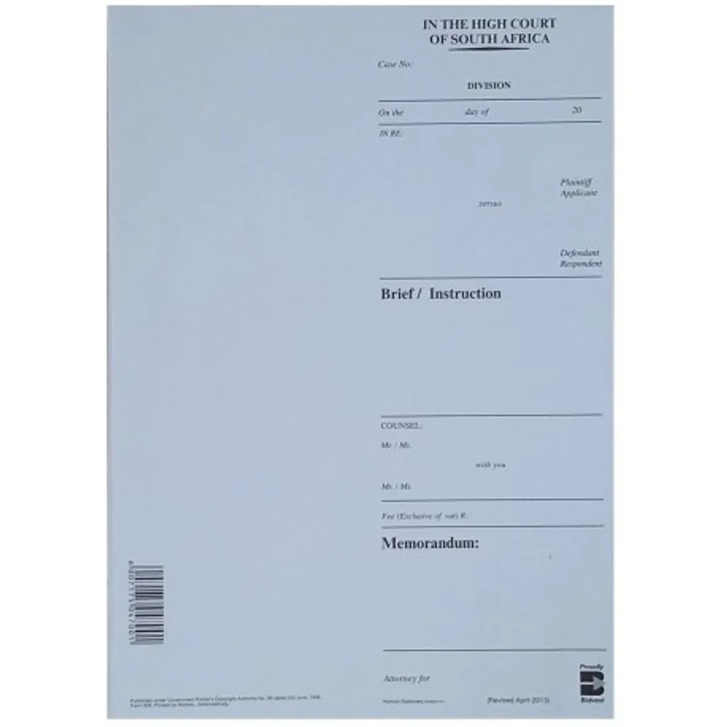 deed lodgement cover & high court forms - short brief used by attorney in the high court - a4 flysheet - white - 50 pack