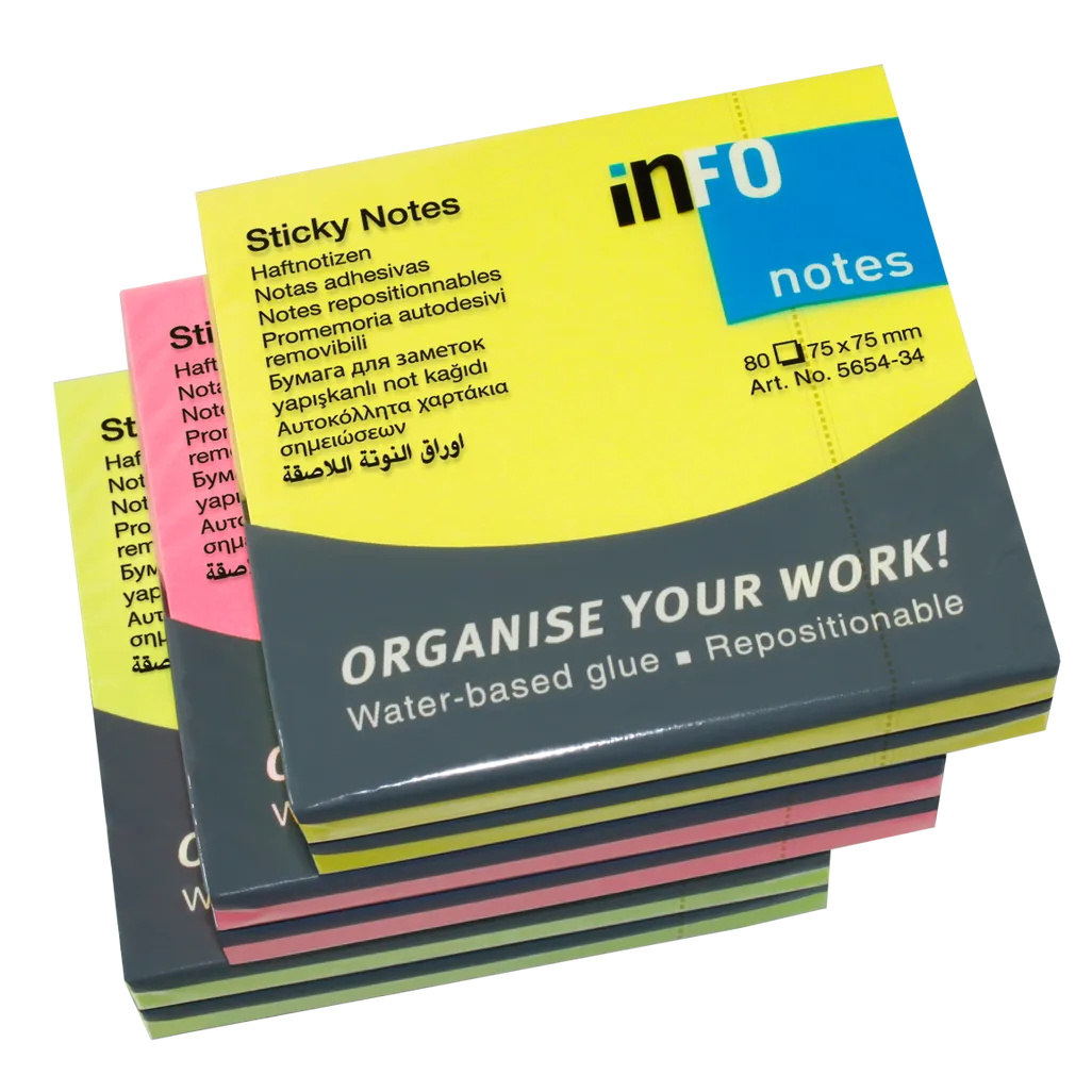 sticky notes - 75 x75mm 80 sheets - assorted bright - 6 pack