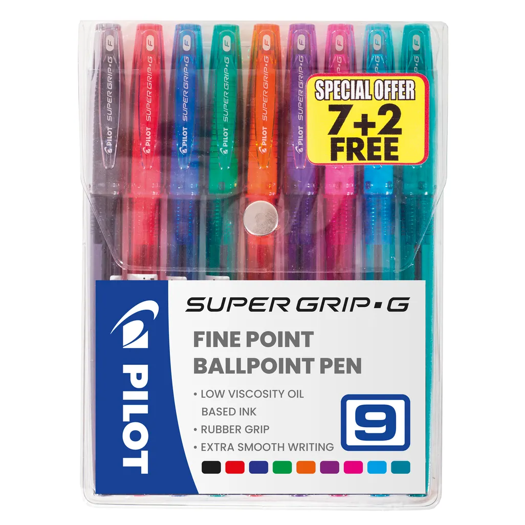bps-gp super grip g ballpoint pen - 0.7mm wallet - assorted - 9 pack