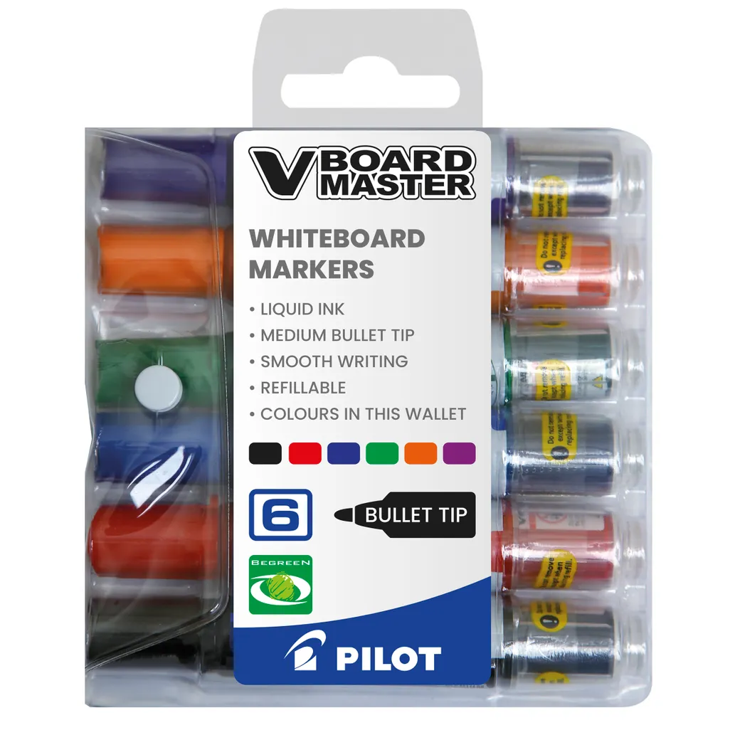 v board master whiteboard marker - with free duster - 2.3mm- assorted - 6 pack