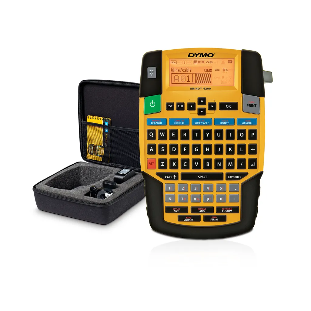 rhino industrial 4200 electronic label maker & tapes - label machine hard case kit - yellow black